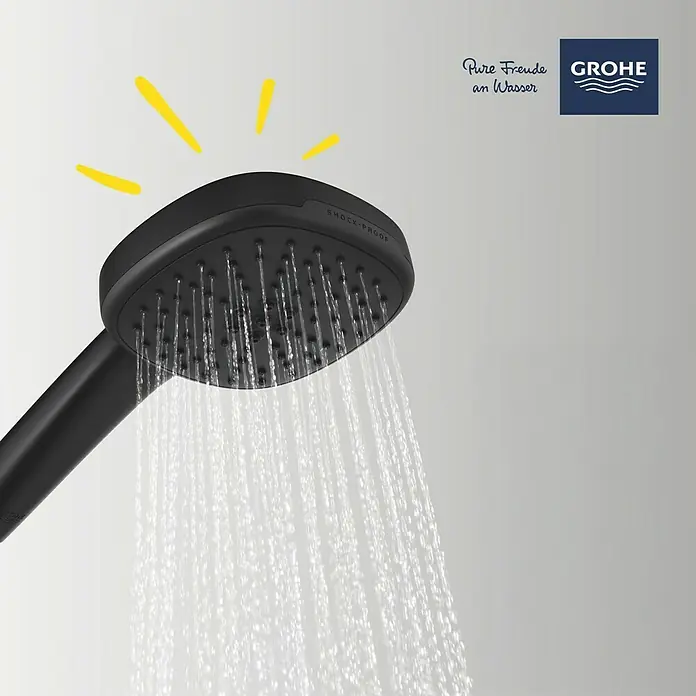 Grohe Vitalio Comfort Teleducha - Número de funciones: 2 ud., Negro - Cabezal de ducha Grohe negro con chorros de agua, presentado sobre un fondo claro y sencillo.