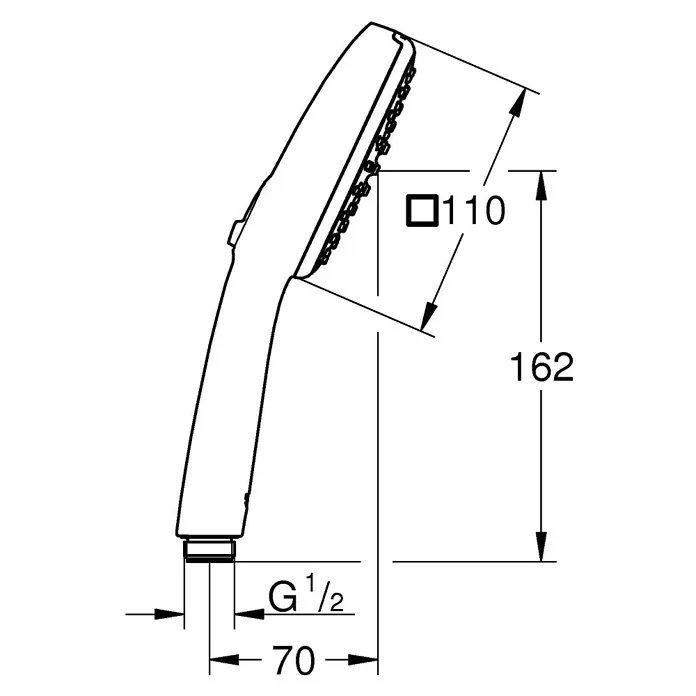 Grohe Vitalio Comfort Teleducha - Número de funciones: 2 ud., Negro - Dibujo técnico de un cabezal de ducha de mano con dimensiones para la instalación y el diseño, ideal para la planificación del baño.