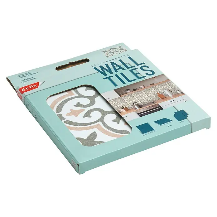 D-c-fix Fliesensticker Wall Tiles Jamila - 6 Stk., 15 x 15 cm, Olive - Verpackung mit selbstklebenden Wandfliesen von d-c-fix mit dekorativem Muster, ideal zur einfachen Wandgestaltung in Küche oder Bad.