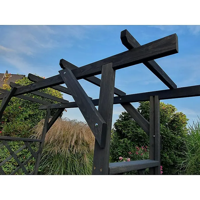Promadino Pergola Ben - 60 x 200 x 210 cm, Anthrazit, Holz - Blickwinkelaufnahme einer eleganten, schwarz gebeizten Holzpergola, die in einem Garten mit üppiger Vegetation steht, unter einem sanften blauen Himmel.