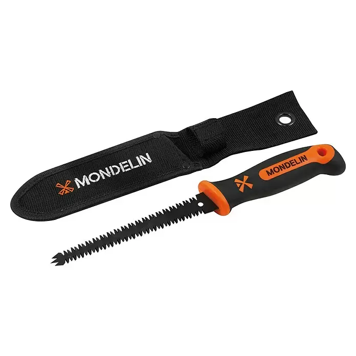 Mondelin Gipskartonplatten-Stichsäge - Länge: 160 mm - MONDELIN Handsäge mit schwarz-orangefarbenem Griff, einem gezackten schwarzen Blatt und einer schützenden schwarzen Scheide.