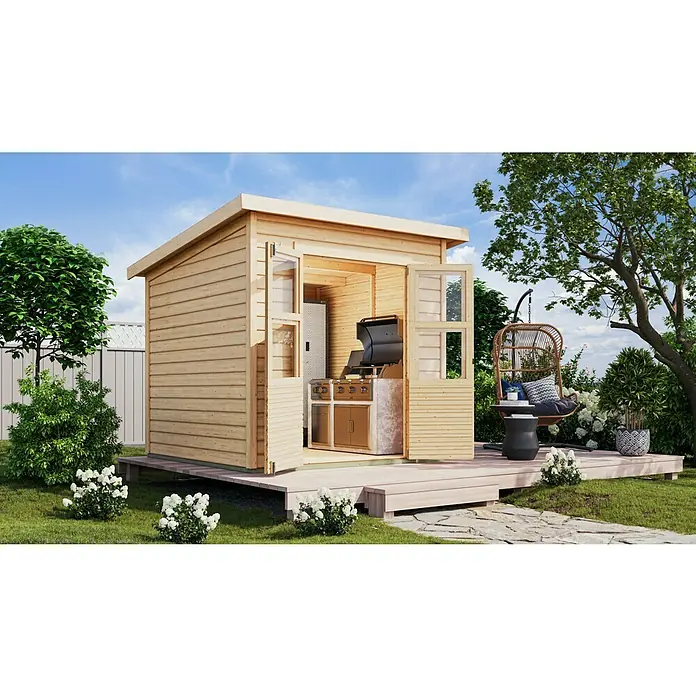 Karibu Gartenhaus Express - Außenmaß inkl. Dachüberstand (B x T): 240 x 236 cm, Holz, Naturbelassen, Ohne Anbau - Bild einer modernen Grillhütte aus Holz mit geöffneten Fenstern und Grillgerät im Inneren, umgeben von Gartenpflanzen und einem Hängesessel.