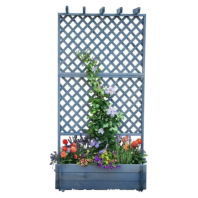 Promadino Pflanzkasten mit Pergola - Außenmaß (L x B x H): 200 x 64,5 x 102 cm, Holz, Grau - Hölzernes Garten-Rankgitter mit Pflanzkasten in Grau-Blau, bepflanzt mit bunten Blumen und Kletterpflanzen.