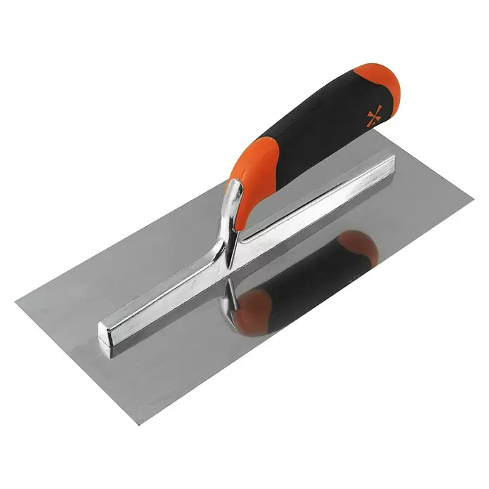 Mondelin Glättkelle - Material Kelle: Edelstahl - Silberne Glättkelle mit schwarzem und orangefarbenem ergonomischem Griff zum Verputzen und Glätten von Oberflächen.