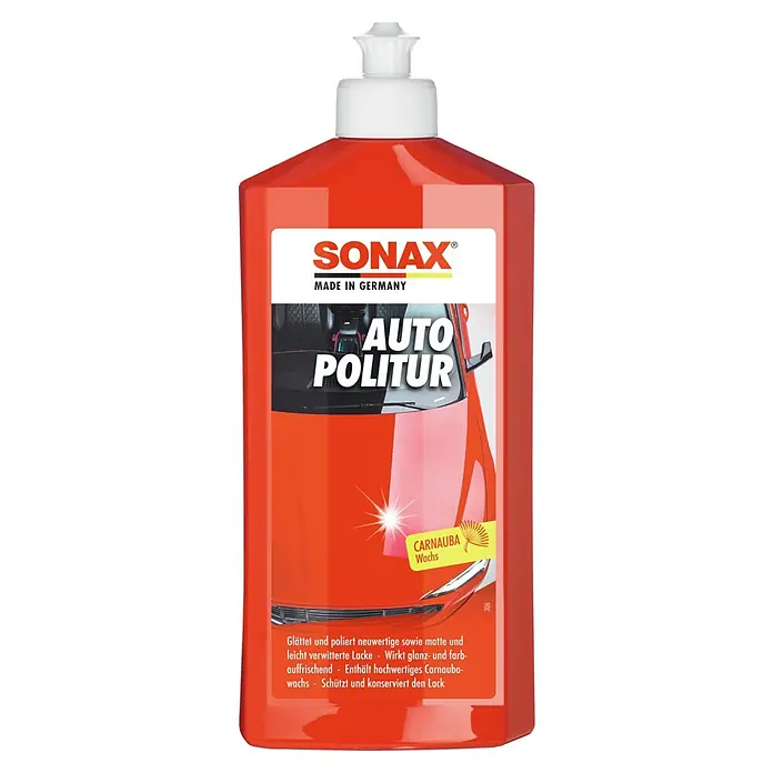 Sonax Politur - 500 ml, Geeignet für: Autolacke - Abbildung einer Flasche SONAX Auto Politur, hergestellt in Deutschland, ideal zum Glätten und Polieren von Lackoberflächen.