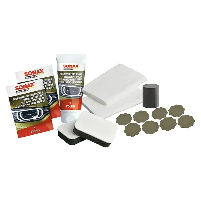 Sonax Scheinwerfer-Aufbereitungs-Set - Geeignet für: Scheinwerfer - Sonax Scheinwerfer-Politur Set zur Aufbereitung von Autoscheinwerfern mit Politur, Versiegelung und Schleifpapier.