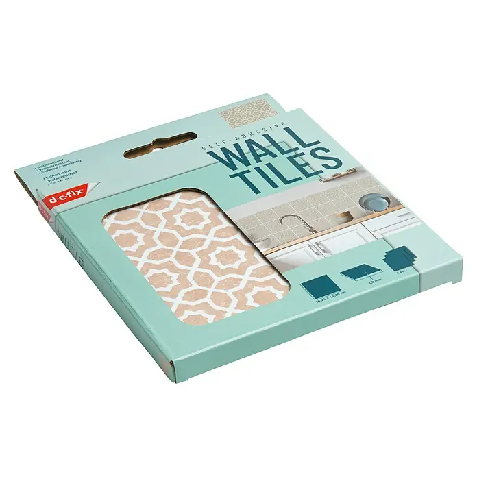 D-c-fix Fliesensticker Wall Tiles Lina - 6 Stk., 15 x 15 cm, Beige - Nahaufnahme einer Packung selbstklebender D-c-fix Wandfliesen mit dekorativem Muster, ideal für die einfache Bad- und Küchenrenovierung.