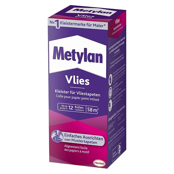 Metylan Tapetenkleister Vlieskleister - 360 g - Produktfoto von Metylan Vlies Tapetenkleister, geeignet für bis zu 12 Rollen oder 58 m² Vliestapeten. Einfache Ausrichtung von Mustertapeten.