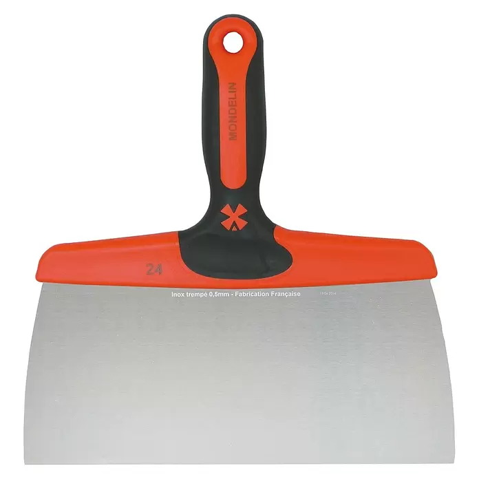 Mondelin Flächenspachtel - Breite: 240 mm - Spachtel aus Edelstahl mit ergonomischem orange-schwarzem Griff, 0,5mm gehärtete Klinge.