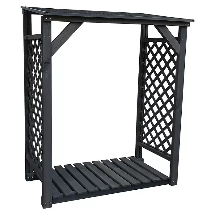 Promadino Kaminholzregal Speyer - 120 x 68 x 148 cm, Holz, Anthrazit - Dunkelgraue Holz-Gartenaufbewahrung mit schrägem Dach, Gitterseiten und Lattenboden.