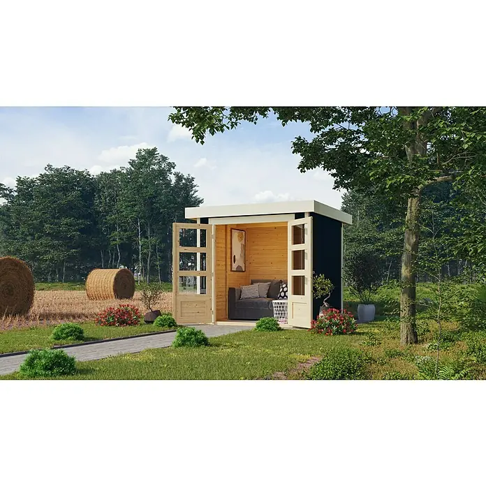 Karibu Gartenhaus Express 3 - Außenmaß inkl. Dachüberstand (B x T): 242 x 238 cm, Holz, Terragrau, Ohne Anbau - Ein modernes Gartenhaus mit offenstehenden Holztüren, das einen einladenden Rückzugsort im Grünen bietet, mit komfortablem Sofa und natürlicher Beleuchtung.