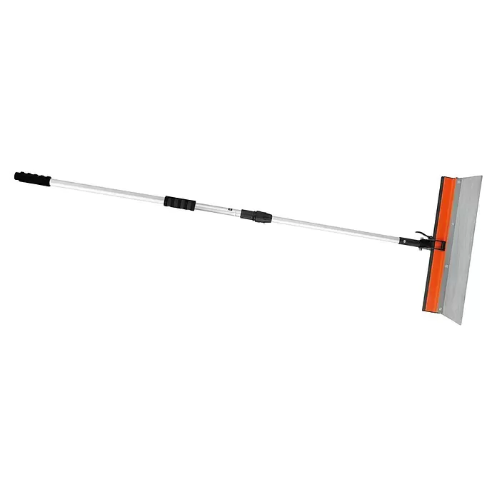 Mondelin Teleskopstange - Verstellbar: 110 mm - 210 mm - Teleskop-Bodenabzieher mit silbernem Stiel, schwarzen Griffen und orangefarbenem Gummiwischer auf Metallrahmen.