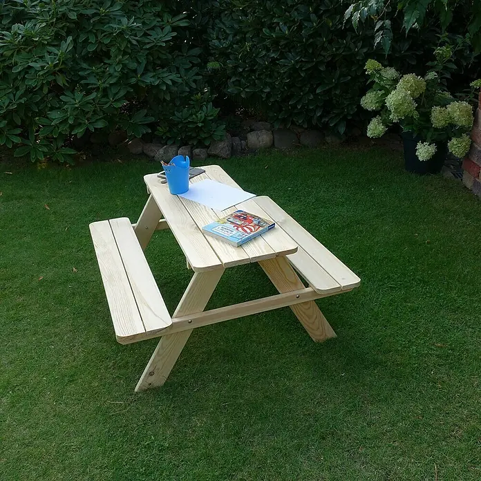 Promadino Kinder-Picknicktisch - L x B x H: 90 x 90,7 x 49 cm, Holz - Holzkindersitzgruppe im Garten mit Stifthalter, Papier und Buch für kreative Aktivitäten im Freien.