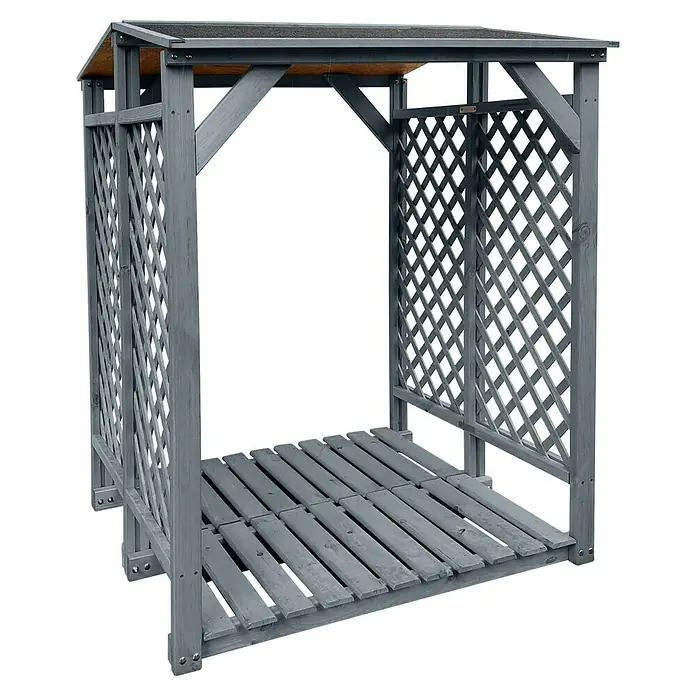 Promadino Kaminholzregal - 120 x 118 x 148 cm, Holz, Grau - Abgebildeter Holzlager mit Gitterwänden und einem überdachten Design, ideal für die Lagerung von Brennholz im Freien und bietet Schutz vor Witterungseinflüssen.