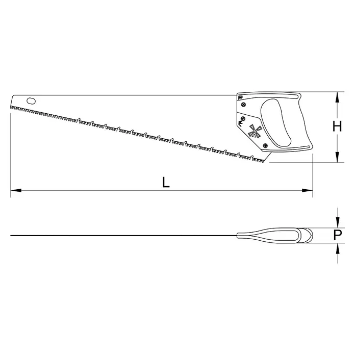 Mondelin Handsäge Neo Cut 550 - Einsatzbereich: Gipskartonplatten - Technische Zeichnung einer Handsäge mit Bemaßungslinien für Länge (L), Höhe (H) und Profil (P).