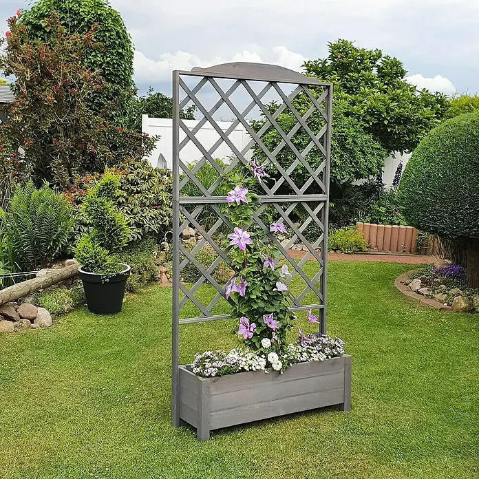 Promadino Pflanzkasten Botanica - Außenmaß (L x B x H): 210 x 32 x 110 cm, Holz, Grau - Der Pflanzenkasten mit Rankgitter bietet eine stilvolle Möglichkeit, Kletterpflanzen im Garten oder auf der Terrasse zu präsentieren.