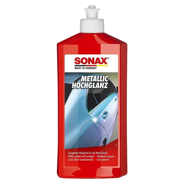 Sonax Politur für Metalliclacke - 500 ml - Bild einer Flasche Sonax Metallic Hochglanz, einer Autopolitur für metallische Lackierungen. Das Produkt verspricht Hochglanz und Lackschutz.