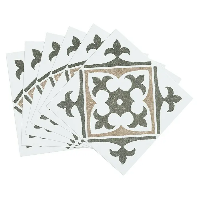 D-c-fix Fliesensticker Wall Tiles Nadia - 6 Stk., 15 x 15 cm, Olive - Gestapelte weiße Dekorfliesen mit grauen und beigefarbenen Zierornamenten.