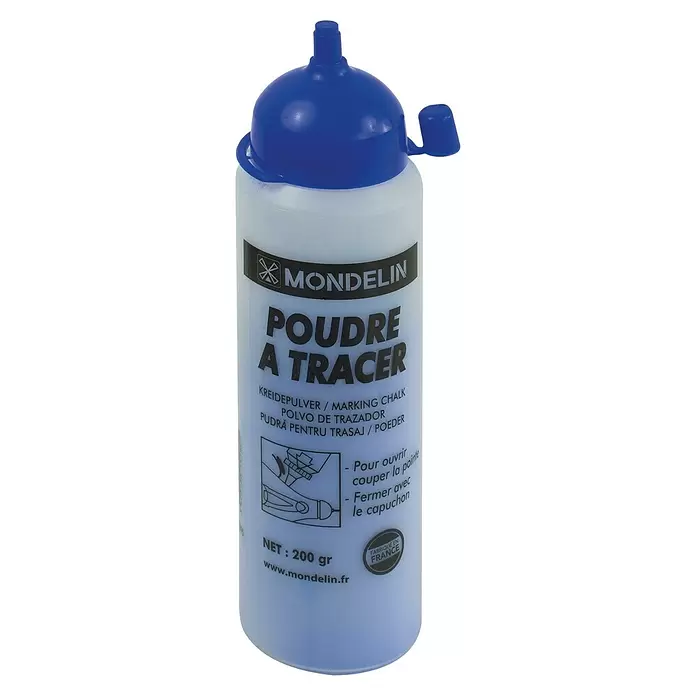 Mondelin Schlagschnurkreide - Blau - Mondelin Markierkreidepulver in weißer Spenderflasche mit blauer Kappe, 200g.