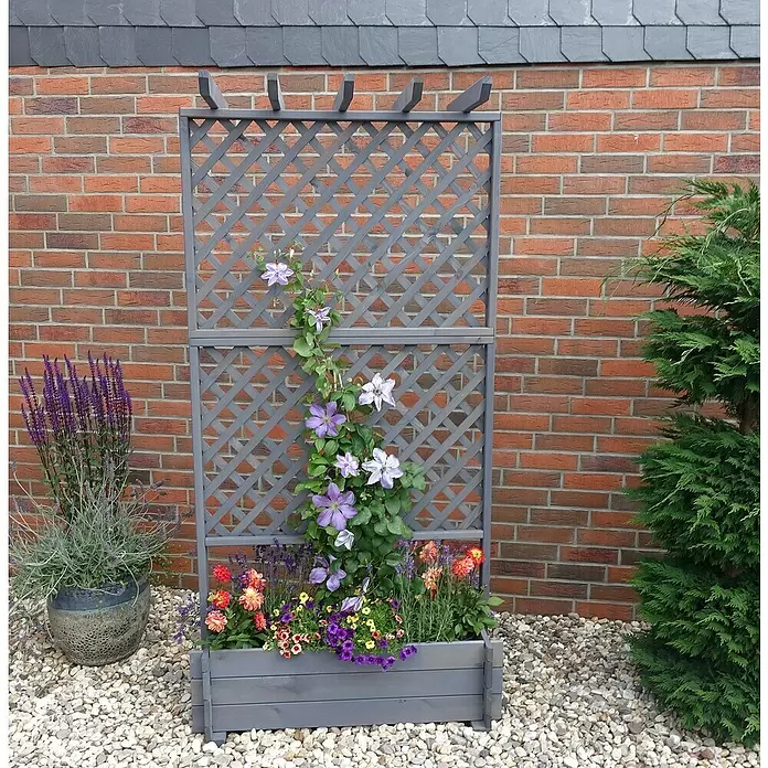 Promadino Pflanzkasten mit Pergola - Außenmaß (L x B x H): 200 x 64,5 x 102 cm, Holz, Grau - Graues Holzspalier mit integriertem Pflanzkasten, das lila Clematis und diverse Blumen an einer Ziegelwand trägt.