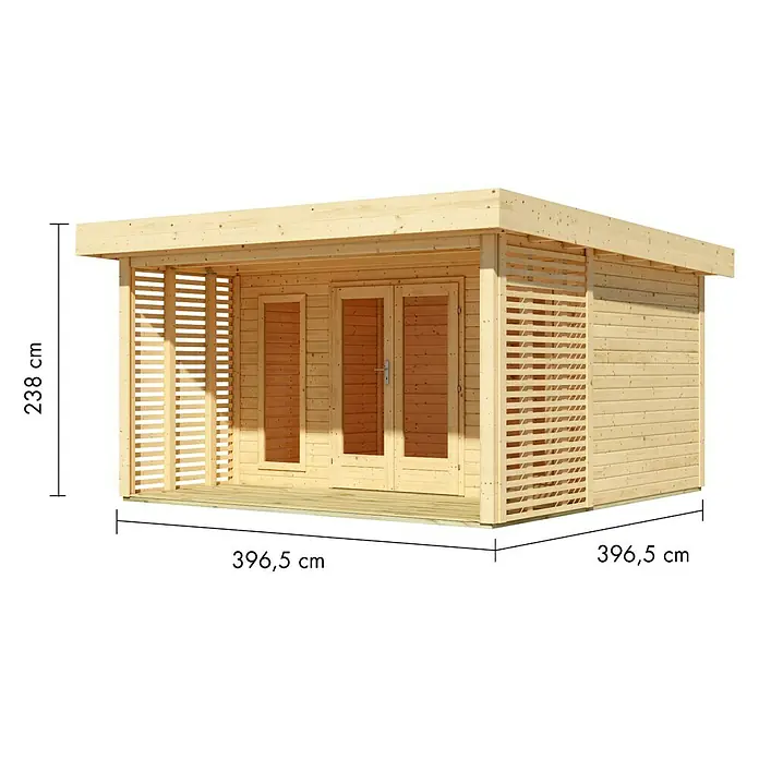 Karibu Gartenhaus Chione - Außenmaß inkl. Dachüberstand (B x T): 440 x 442 cm, Holz, Naturbelassen - Gartenhaus aus hellem Holz mit Flachdach und integrierter überdachter Terrasse, Doppeltür und Lamellenwänden.