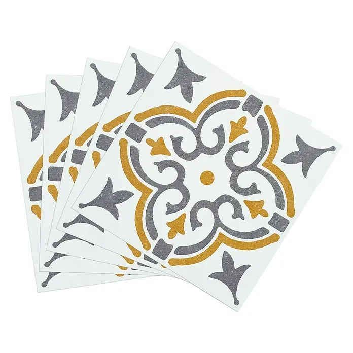D-c-fix Fliesensticker Wall Tiles Jamila - 6 Stk., 15 x 15 cm, Gold - Hier sind stilvolle Bodenfliesen mit einem goldenen und grauen Dekor. Diese Fliesen sind eine großartige Möglichkeit, Ihrem Zuhause einen Hauch von Eleganz zu verleihen.