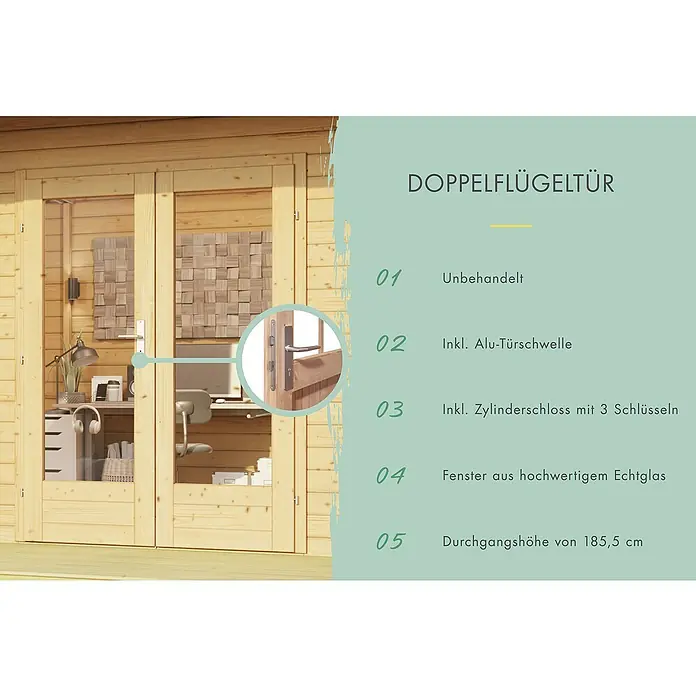 Karibu Gartenhaus Chione - Außenmaß inkl. Dachüberstand (B x T): 440 x 442 cm, Holz, Naturbelassen - Doppelflügeltür aus Holz mit Glasfenstern und Beschlägen, ideal für Gartenhäuser oder als stilvoller Zugang.