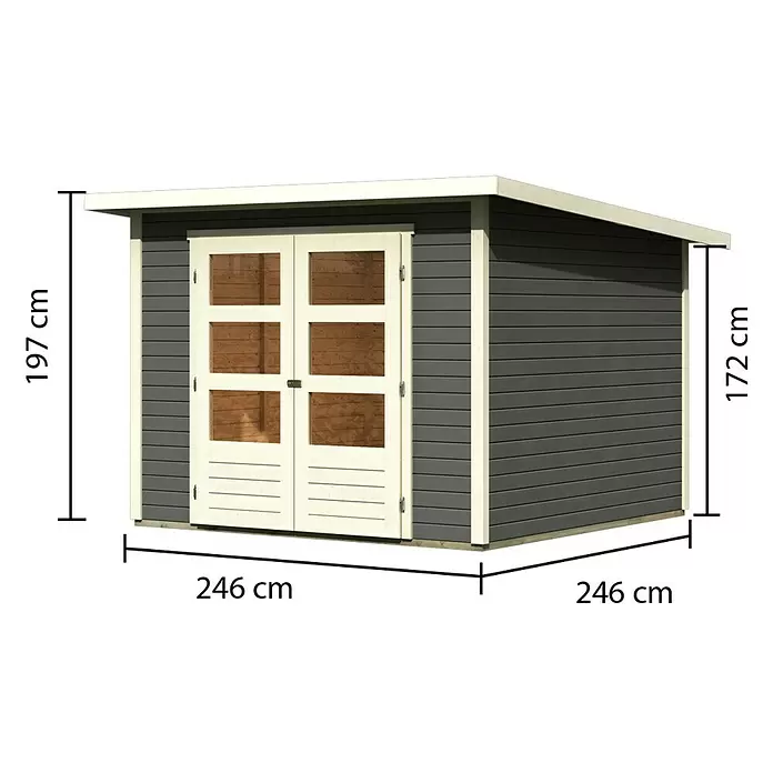 Karibu Gartenhaus Express - Außenmaß inkl. Dachüberstand (B x T): 282 x 282 cm, Holz, Terragrau - Dunkelgraues Gartenhaus mit hellen Türen und Zierleisten, Flachdach. Maße: 246x246 cm, Höhe 197 cm (vorne), 172 cm (hinten).