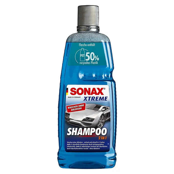 Sonax Xtreme Auto-Shampoo Konzentrat 2 in 1 - Geeignet für: Autolacke, 1 l - Abbildung einer Flasche SONAX XTREME Shampoo 2 in 1. Die Flasche besteht zu 50 % aus recyceltem Kunststoff und ist blau.