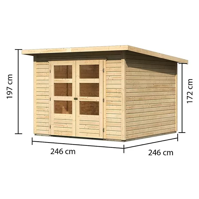 Karibu Gartenhaus Express - Außenmaß inkl. Dachüberstand (B x T): 282 x 282 cm, Holz, Naturbelassen - Gartenschuppen aus hellem Holz mit Doppeltüren und Pultdach. Maße: 246x246 cm Basis, Höhe 172-197 cm.