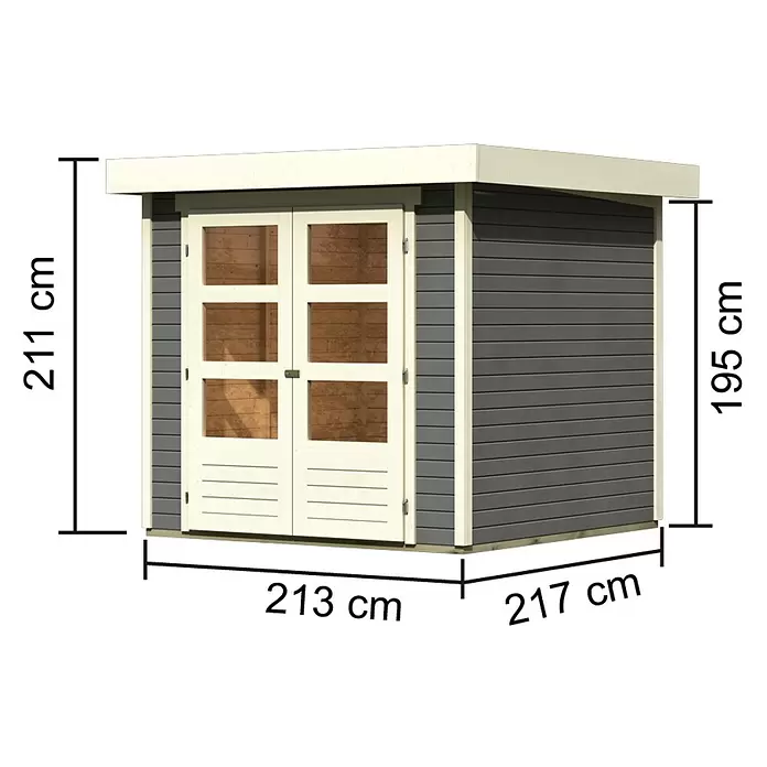 Karibu Gartenhaus Express 3 - Außenmaß inkl. Dachüberstand (B x T): 242 x 238 cm, Holz, Terragrau, Ohne Anbau - Graues Holzgartenhaus mit heller Verkleidung und Doppeltüren. Maße 213x217 cm, Höhe 211/195 cm.