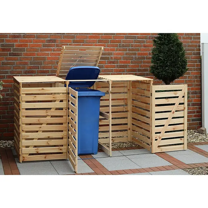 Promadino Mülltonnenbox Variov -  - Ein hölzerner Mülltonnenbox für drei blaue Mülltonnen, die die Tonnen versteckt und das Erscheinungsbild des Außenbereichs verbessert.