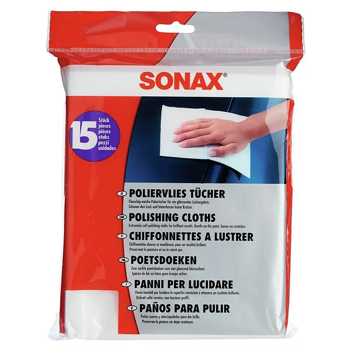 Sonax Poliertuch Vlies - Geeignet für: Autolacke - Bild einer Packung SONAX Poliertücher mit 15 Stück, ideal für glänzende Ergebnisse ohne Kratzer auf Lackoberflächen.