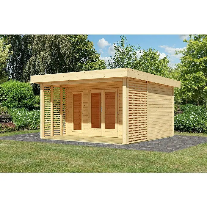 Karibu Gartenhaus Chione - Außenmaß inkl. Dachüberstand (B x T): 440 x 442 cm, Holz, Naturbelassen - Holzgartenhaus mit Flachdach, bestehend aus natürlichen Materialien, mit Doppeltür und Lamellenwänden für einen hellen und gemütlichen Raum.