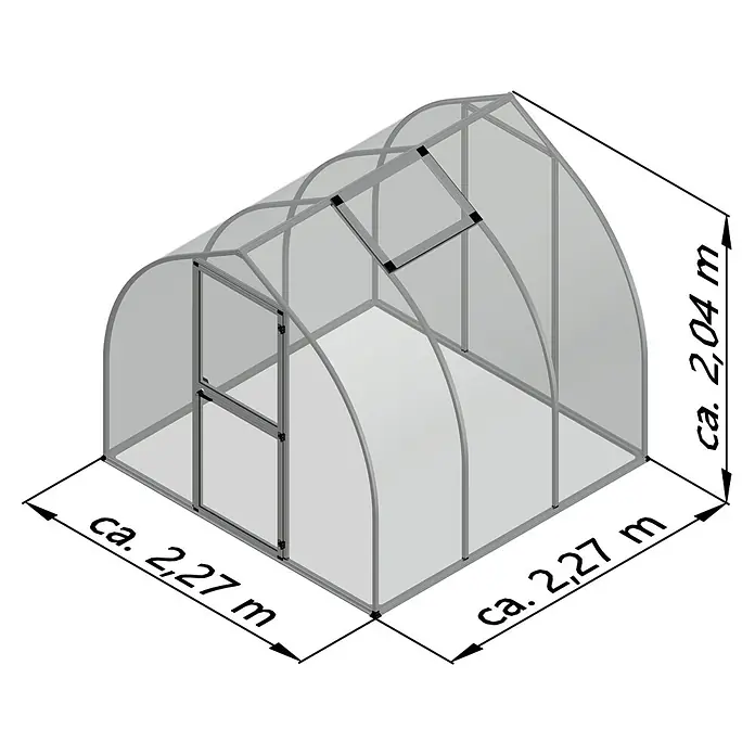 KGT Gewächshaus Rhodo III - Außenmaß inkl. Dachüberstand (B x T): 227 x 227 cm, 6 mm, Pressblank - Abbildung eines Gewächshauses mit den Maßen ca. 2,27 x 2,27 x 2,04 m, das einen idealen Raum für den Pflanzenanbau bietet.
