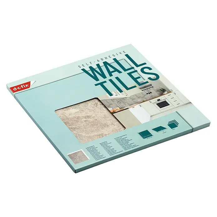 D-c-fix Fliesensticker Wall Tiles - 6 Stk., 30,5 x 30,5 cm, Light Slate - Nahaufnahme einer Packung selbstklebender Wandfliesen der Marke d-c-fix in einer hellen Farbumgebung für eine vielseitige Dekoration.