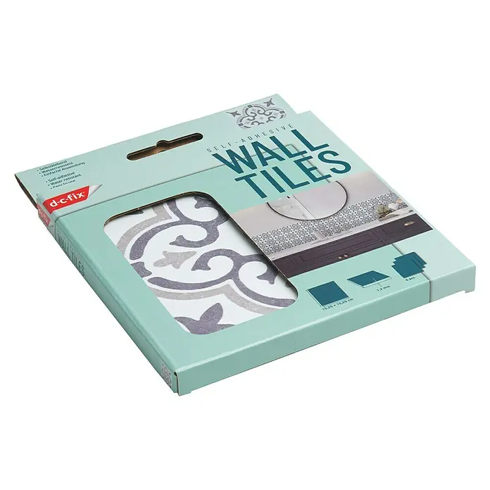 D-c-fix Fliesensticker Wall Tiles Jamila - 6 Stk., 15 x 15 cm, Grau - Selbstklebende Wandfliesen von d-c-fix in einer mintgrünen Verpackung, ideal für eine einfache und wasserfeste Anwendung im Haus.
