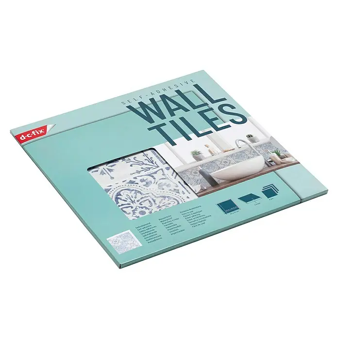 D-c-fix Fliesensticker Wall Tiles - 6 Stk., 30,5 x 30,5 cm, Vintage Style - Produktfoto der selbstklebenden Wandfliesen von d-c-fix in einer hellblauen Verpackung. Die Fliesen sind mit einem blau-weißen Muster versehen.