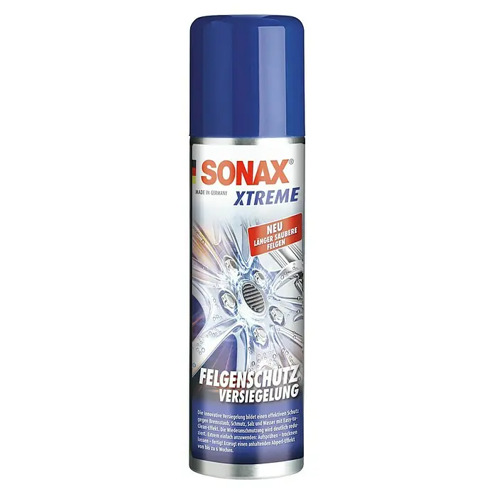Sonax Xtreme Felgenversiegelung - 250 ml - Nahaufnahme einer Dose Sonax Xtreme Felgenversiegelung, die Felgen effektiv vor Bremsstaub, Schmutz, Salz und Wasser schützt.
