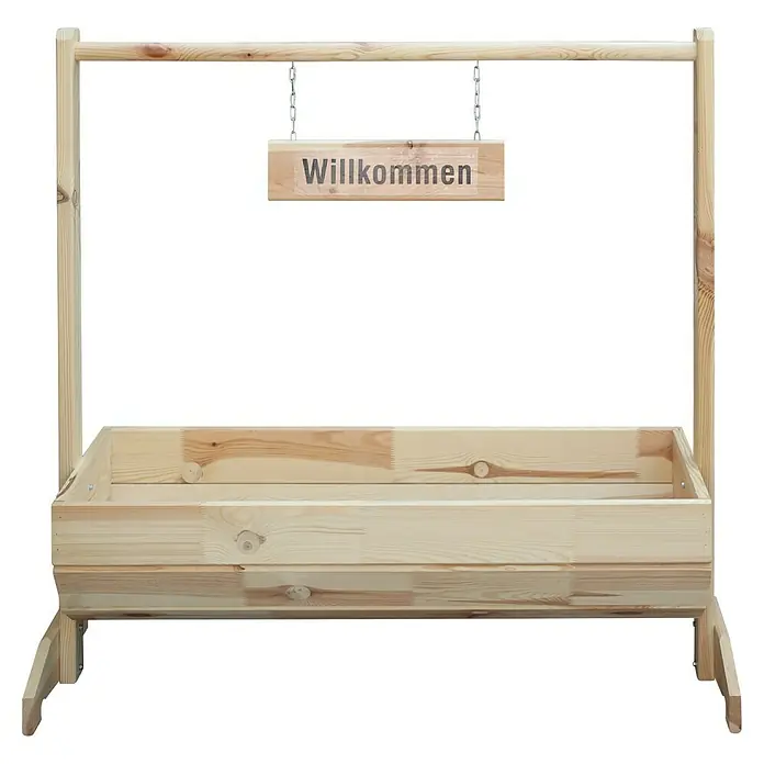 Promadino Pflanzkasten Willkommen - Außenmaß (L x B x H): 103 x 40 x 110 cm, Holz, Braun - Willkommen: Das Bild zeigt einen rustikalen Holzblumenkasten mit einem Schild, auf dem "Willkommen" steht, ideal für den Garten oder die Terrasse.