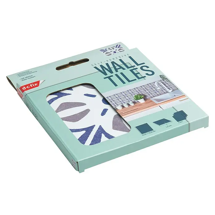 D-c-fix Fliesensticker Wall Tiles Cubia - 6 Stk., 15 x 15 cm, Blau - Nahaufnahme einer Packung selbstklebender Wandfliesen der Marke d-c-fix mit Blattmuster, ideal zur einfachen Bad- und Küchenrenovierung.