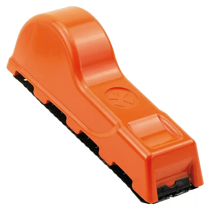 Mondelin Kantenhobel - Länge: 140 mm, Geeignet für: Gipskartonplatten - Ergonomischer orangefarbener Handschleifer aus Kunststoff mit schwarzer Schleiffläche.