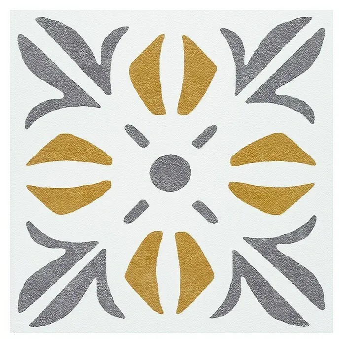 D-c-fix Fliesensticker Wall Tiles Cubia - 6 Stk., 15 x 15 cm, Gold - Quadratische Fliese mit einem dekorativen, floralen Muster in Grau- und Goldtönen, ideal für stilvolle Wand- und Bodengestaltung.