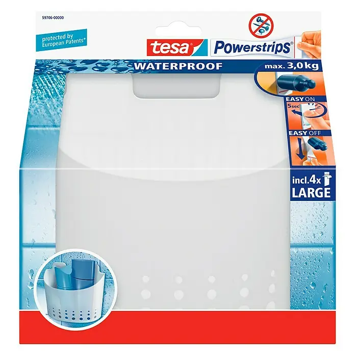 Tesa Powerstrips Waterproof Duschkorb - Kunststoff, Weiß - Abbildung eines Tesa Powerstrips WATERPROOF Bad-Aufbewahrungskorbs, der mit einer maximalen Belastung von 3,0 kg beworben wird.