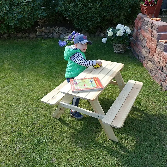 Promadino Kinder-Picknicktisch - L x B x H: 90 x 90,7 x 49 cm, Holz - Kinder-Picknicktisch aus Holz im Garten, ideal für Spiele und Mahlzeiten im Freien.