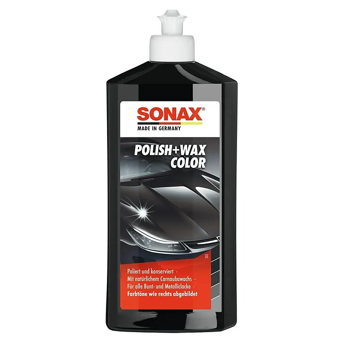 Sonax Politur Schwarz - 500 ml - Das Bild zeigt eine Flasche SONAX Polish+Wax Color, ein Produkt zur Politur und Konservierung von Autolacken.