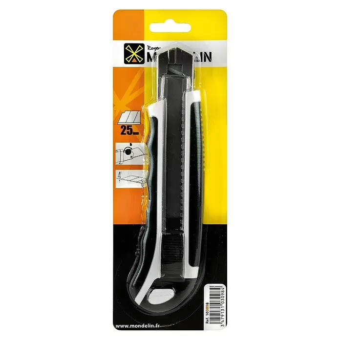 Mondelin Cuttermesser - Klingenbreite: 25 cm, Abbrechklinge - Großer 25mm Cuttermesser mit schwarz-weißem Griff, in transparenter Blisterverpackung.