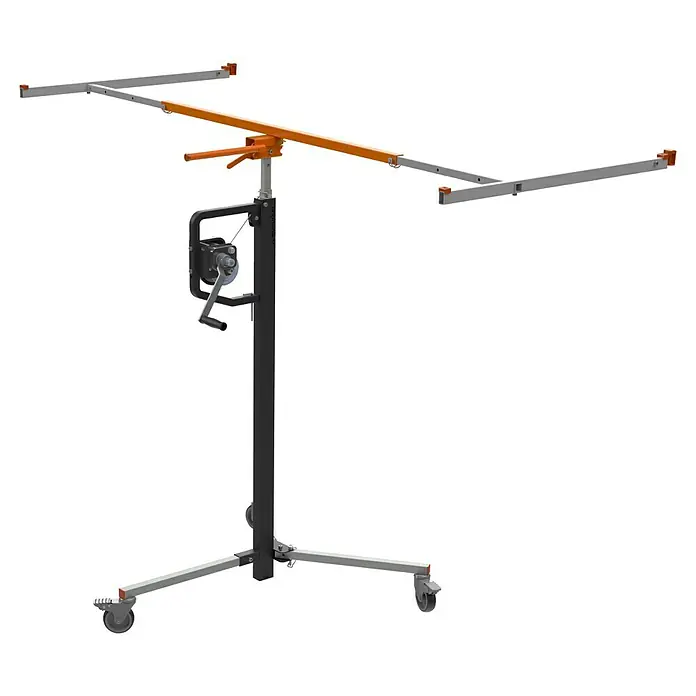 Plattenlift Mondelin Easylev - Höhenverstellung: 150 cm - 310 cm - Schwarzer und orangefarbener Trockenbauplattenheber mit ausziehbaren Armen, Handkurbel und Rollfuß.