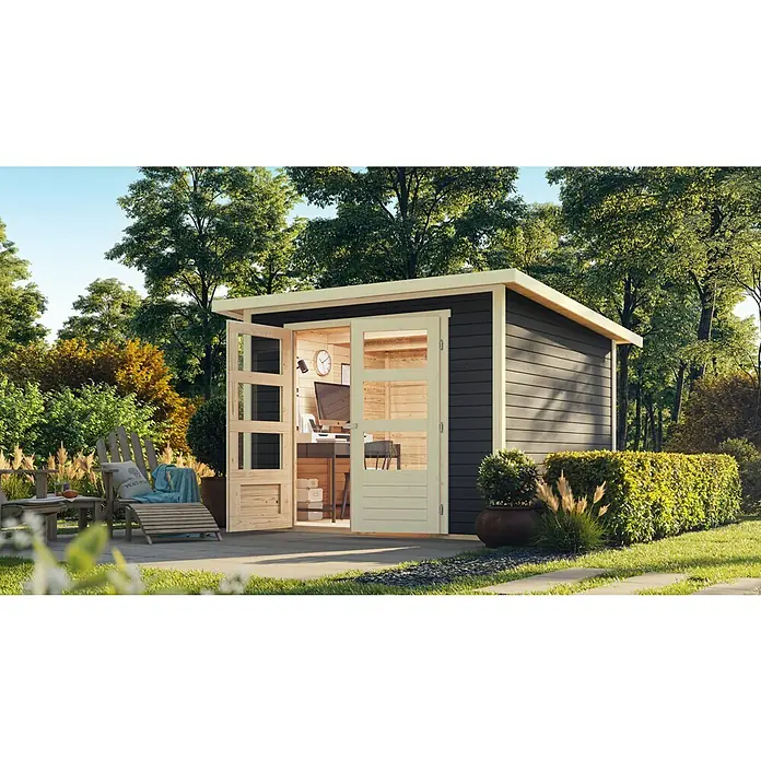 Karibu Gartenhaus Express - Außenmaß inkl. Dachüberstand (B x T): 282 x 282 cm, Holz, Terragrau - Ein modernes Gartenhaus mit offenstehenden Glastüren, das als stilvolles Homeoffice im Grünen dient, umgeben von üppiger Vegetation.