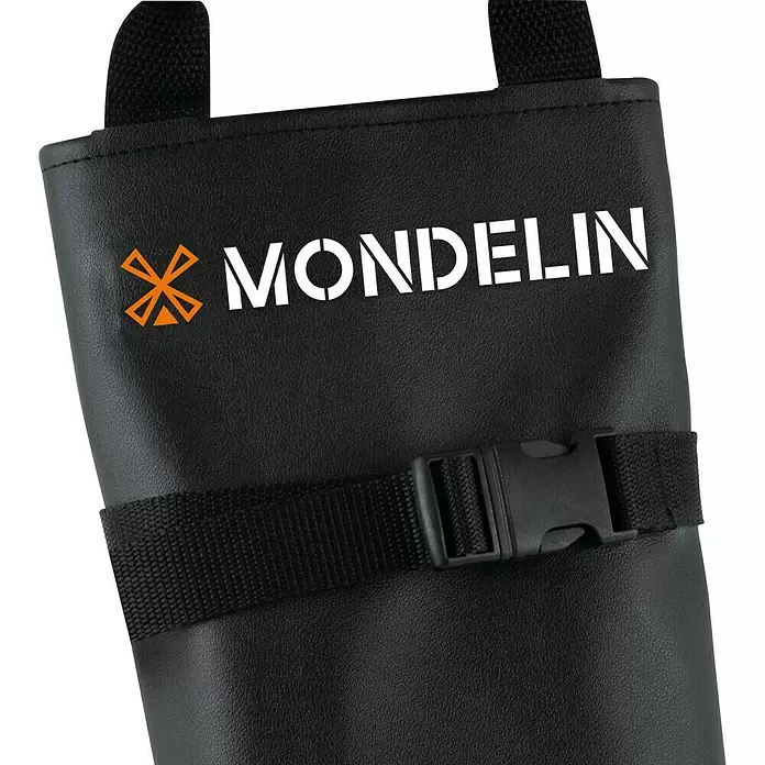 Mondelin Spachtel-Set - Gesamtumfang: 8 -tlg. - Schwarze strukturierte Schürze/Tasche mit schwarzem Riemen und Schnalle, orangefarbenem Stern-Logo und weißem 'MONDELIN'-Schriftzug.
